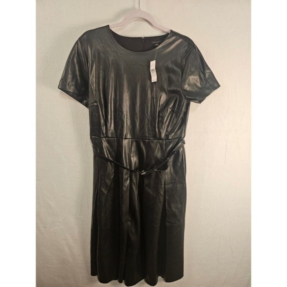 Ann Taylor Faux Leather Pleated Belted‎ Sheath Dress Black Size 14 Career #1578